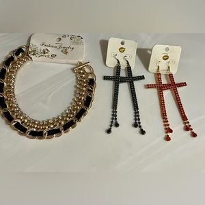 Lot x4 gold chain necklace with earrings and 2 cross earrings black and red